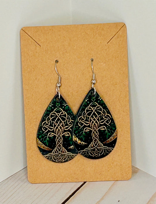 Celtic Tree of Life Earrings - Teardrop Forest Gold Design